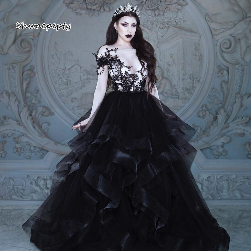 Vestido de casamento gótico preto com babados, saia em camadas, vestido de noiva inchado, apliques de renda, veste nupcial frisada, vintage, 2023
