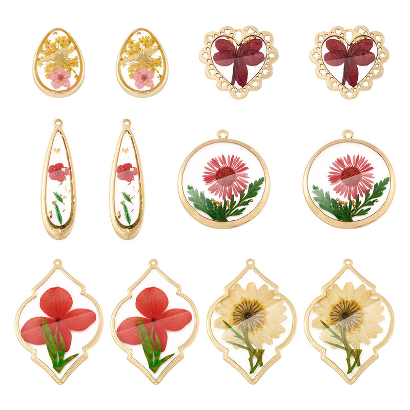 Handship Floral Alloy Epoxy Resin Pendant 12pcs Mix Shape Dangle Charms with DIY Dried Flower Inside for Necklace Jewelry Making