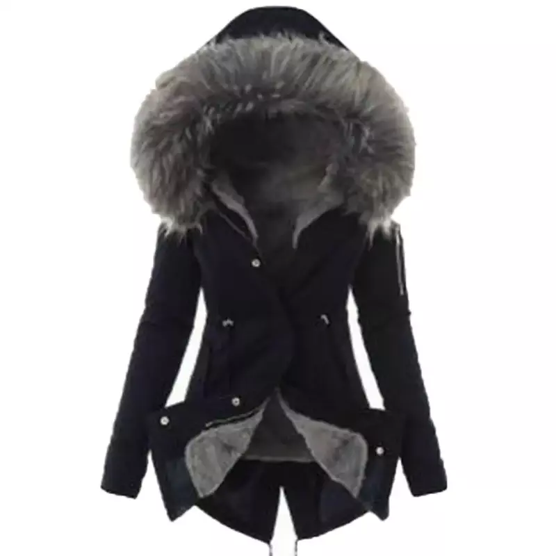 Jaqueta de pele sintética com capuz para mulheres, jaqueta de algodão casual, sobretudo longo, quente para o inverno