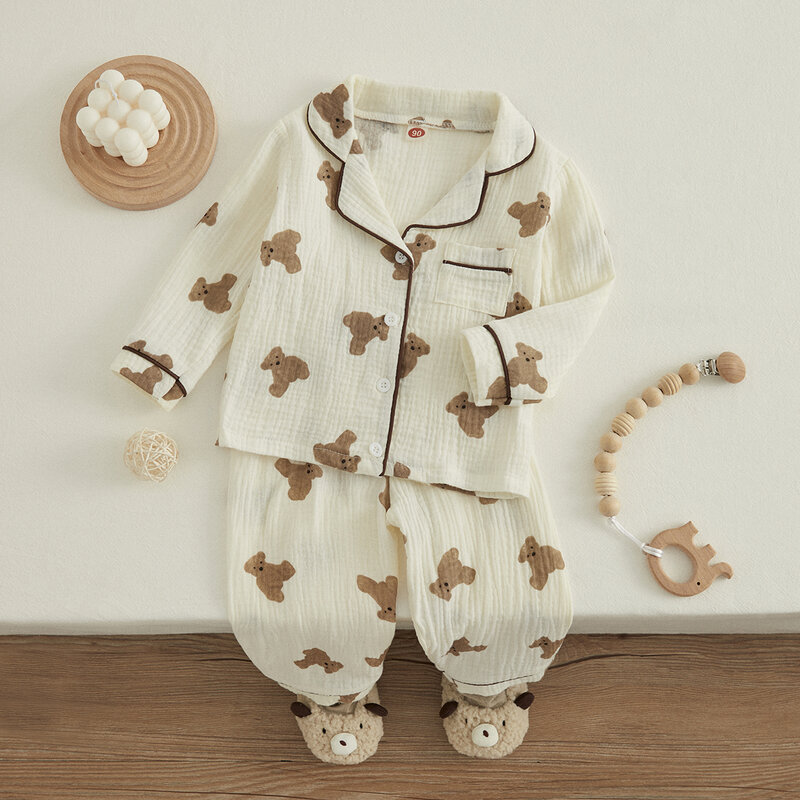 Visgogo-Terno de pijama de linho unissex, estampa urso, manga comprida, bolso frontal, tops de lapela, roupas de primavera, conjunto casual infantil