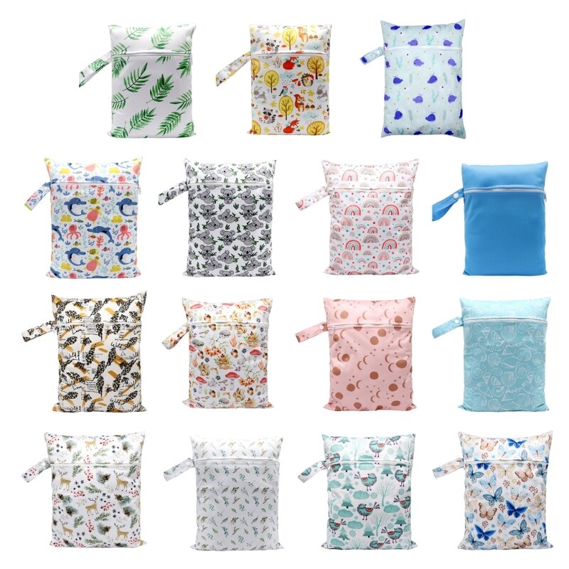 21*28.5cm Baby Diaper Bag Cartoon Print Wet Dry Nappy Zipper Handbag Stroller Carry Pack Travel Outdoor Wet Diaper Storage Bags