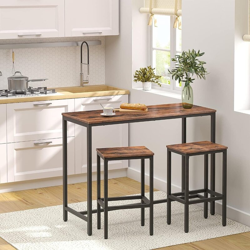 Chairs Set, 47.2” Rectangular Pub Table with 2 Stools for Small Space, High Top Table, 3-Piece Breakfast Table Set, Sturdy