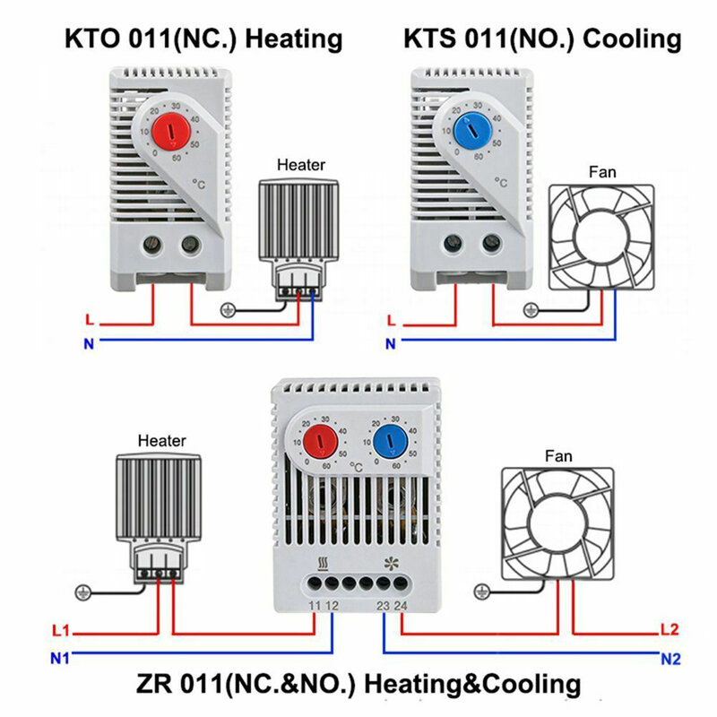 Controlador de temperatura combinado termostático compacto, bimetálico mecânico, plástico cinza claro, calor e frio, IP20
