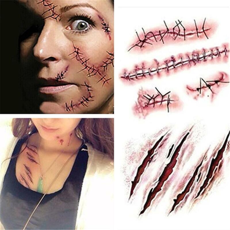 Pegatina de tatuaje temporal de Terror realista, 2 piezas, para Halloween, cicatriz falsa para lesiones de sangre