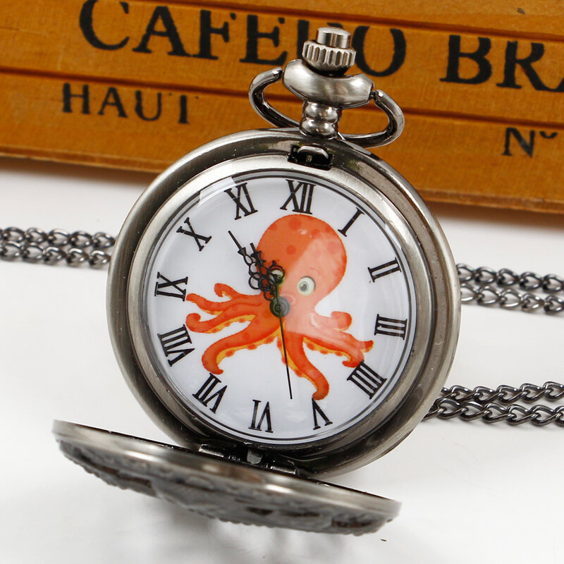 Vintage Octopus Flip Holle Pocket Horloge Mode Unisex Quartz Ketting Metalen Klok Voor Mannen Vrouwen Retro Souvenir