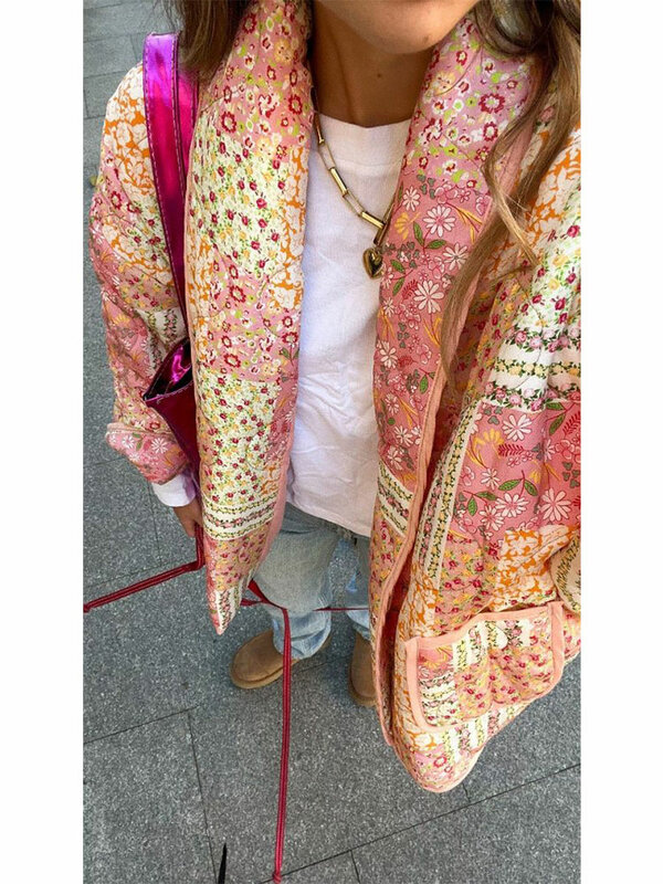 Spring Fashion Printed Quilited Jacket Women Loose V Neck Long Sleeve Warm Coat 2024 New Chic Female High Street Outerwear