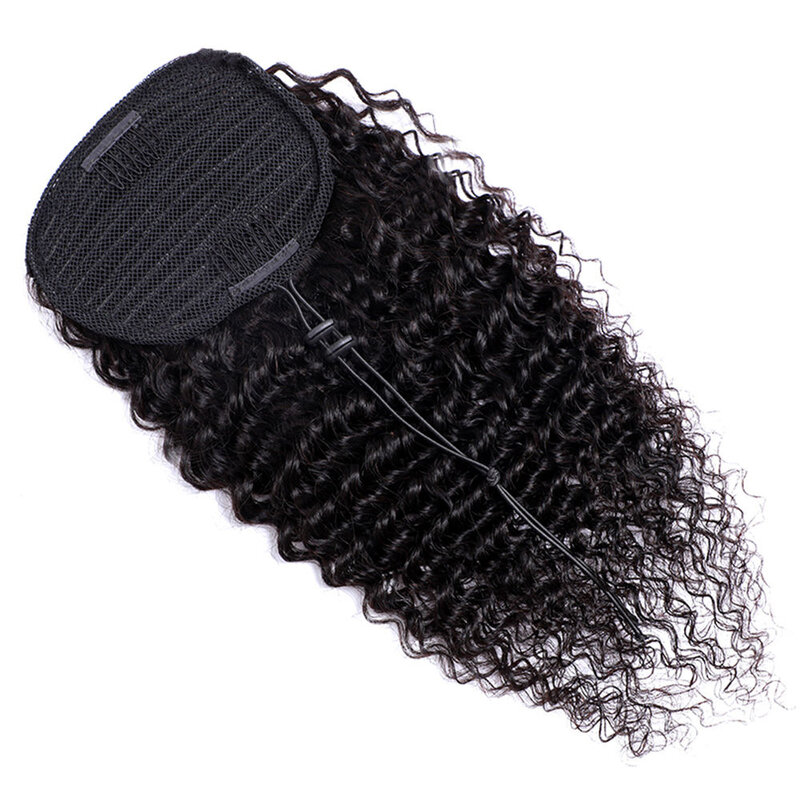 Extensiones de cabello de cola de caballo con cordón de onda profunda 100g 8-28 pulgadas Cola de Caballo Color negro Natural 100% cabello humano brasileño Remy # 1B