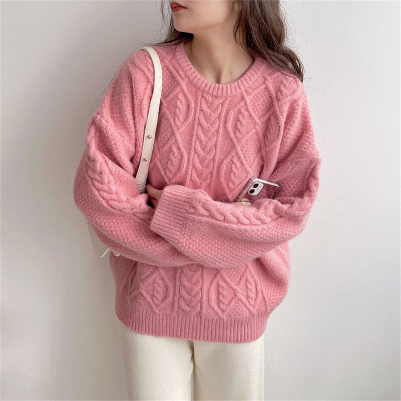 Japan South Korea Station Autumn Winter New Sweet And Gentle Style Round Neck Slim Long Sleeve Pullover Knitted Sweater