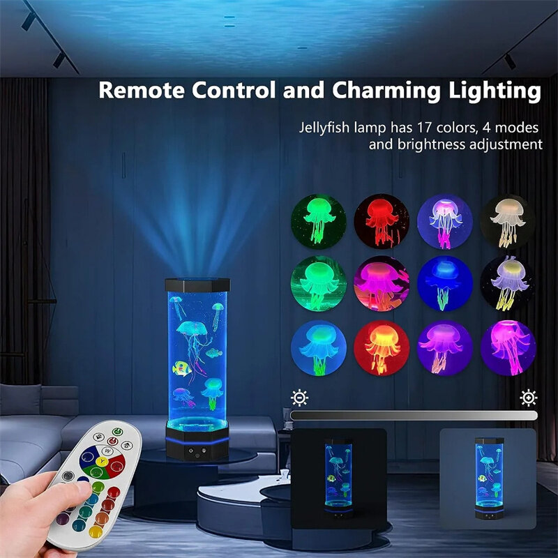 Lampu Lava ubur-ubur, lampu ubur-ubur berubah 17 warna 15 inci dengan kendali jarak jauh colokan USB lampu ikan gelembung lampu malam anak C