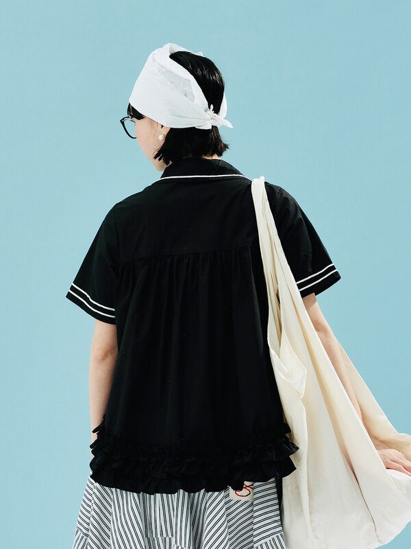 IMAKOKONI-cárdigan de encaje con solapa para mujer, camisa de manga corta, diseño original, 244588