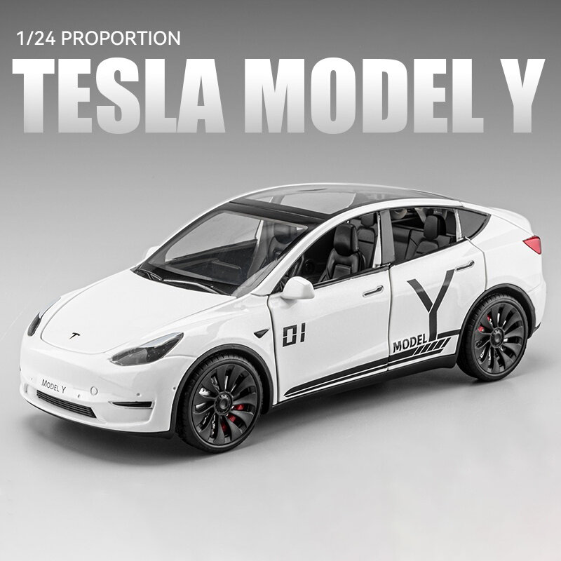 1:24 Tesla Model Y Model 3 Pengisian Tumpukan Logam Campuran Die Cast Mainan Mobil Model Suara dan Ringan Mainan Anak-anak Koleksi Hadiah Ulang Tahun