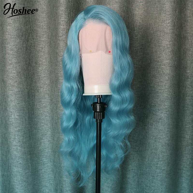 Hoshee Wig rambut manusia warna-warni biru longgar gelombang dalam perruque Wig menutupi 13x4 Wig renda depan Remy Virgin Brasil untuk wanita