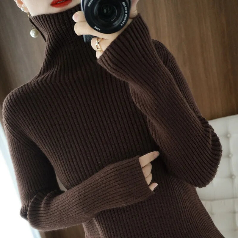 Suéter de cuello alto para mujer, Jersey ajustado de manga larga, tejido coreano, suave, Top de Color sólido, novedad de otoño, 2023