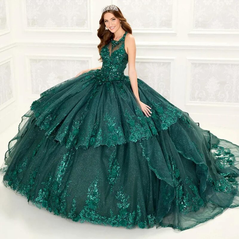 ヴィンテージスタイルのノースリーブドレス,プリンセスドレス,愛らしい,きらめくスパンコール,16の花,3Dホルター