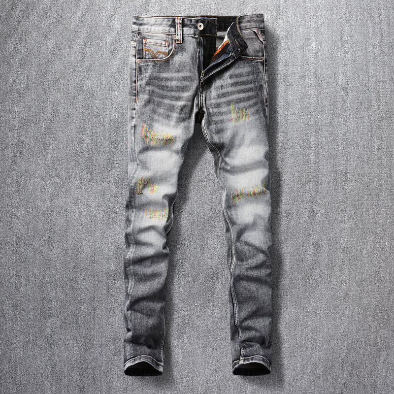Jeans rasgado bordado vintage masculino, alta qualidade, retro, preto, cinza, stretch, slim fit, jeans designer, moda