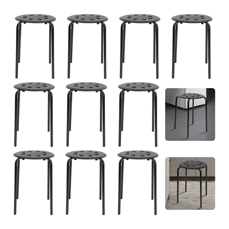 10 Pack 17 InchStacking Stools Set with Metal Frame  Portable Classroom Stackable Plastic Stools Backless Black Stool with Round