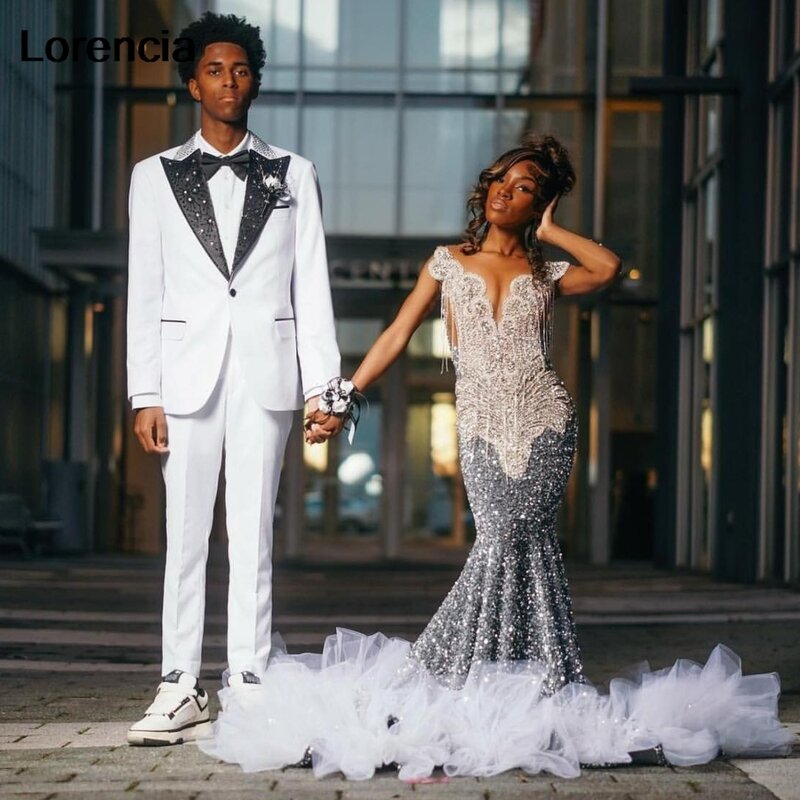 Lorencia Luxury Silver Mermaid Sequins Prom Dress For Black Girls Handmade Diamond Beaded Party Gowns Vestidos De Gala YPD92
