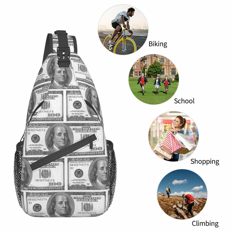 Bandolera de 100 "Dollar Bill USA", bolso de pecho, mochila de hombro con patrón de dinero, mochila de día para senderismo y ciclismo al aire libre