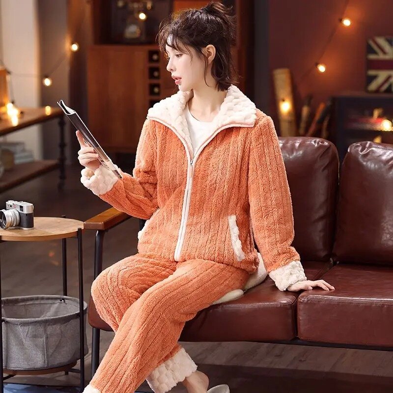 Pijamas quentes e confortáveis para casais, terno solto, Adicionar velo ao zíper grosso, Pode ser costurado lá fora, outono e inverno