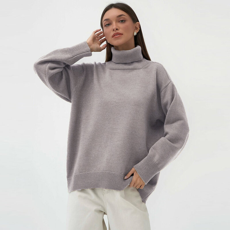 Sweater rajut hangat musim gugur, Sweater Turtleneck wanita, Sweater ukuran besar, kasual mode atasan Pullover rajut hangat musim gugur musim dingin, Sweater Jumper putih Pink