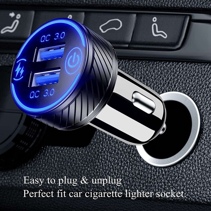 شاحن سيارة USB مع مفتاح لمس وأزرق ليد ، محول شحن سريع ، منافذ QC3.0 مزدوجة ، شاحن هاتف سيارة