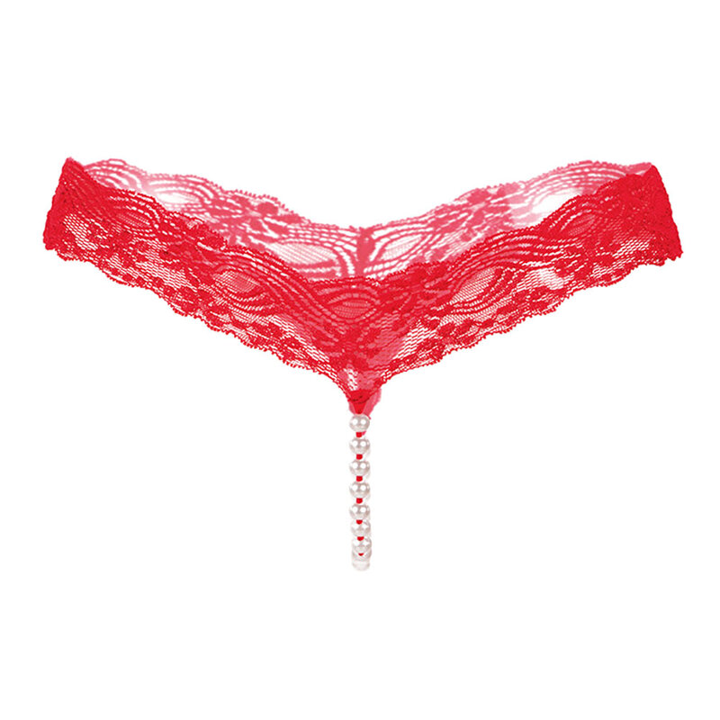 Women G String T-back Thong Lingerie With Pearls Panties Sexy Lace Underwear Hollow See Through Transparent Low-Waist Knickers