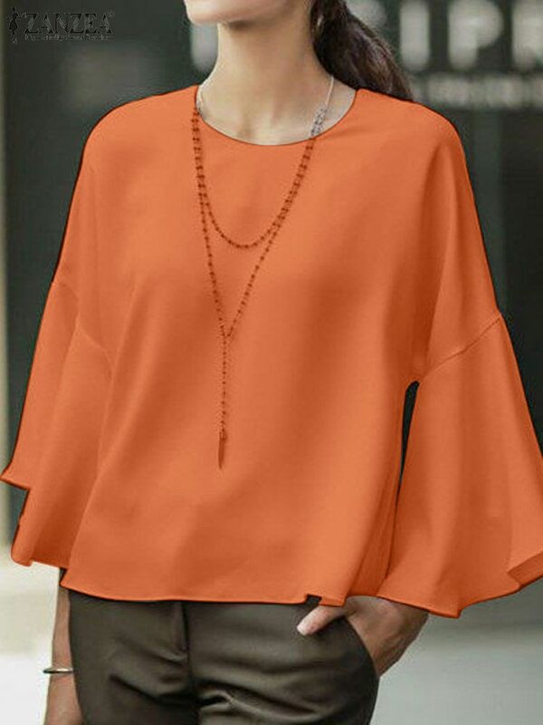 ZANZEA-Blusa feminina de manga flare, camisa de cor sólida, tops com gola redonda, túnica casual, moda coreana, camisas swing, outono, 2023