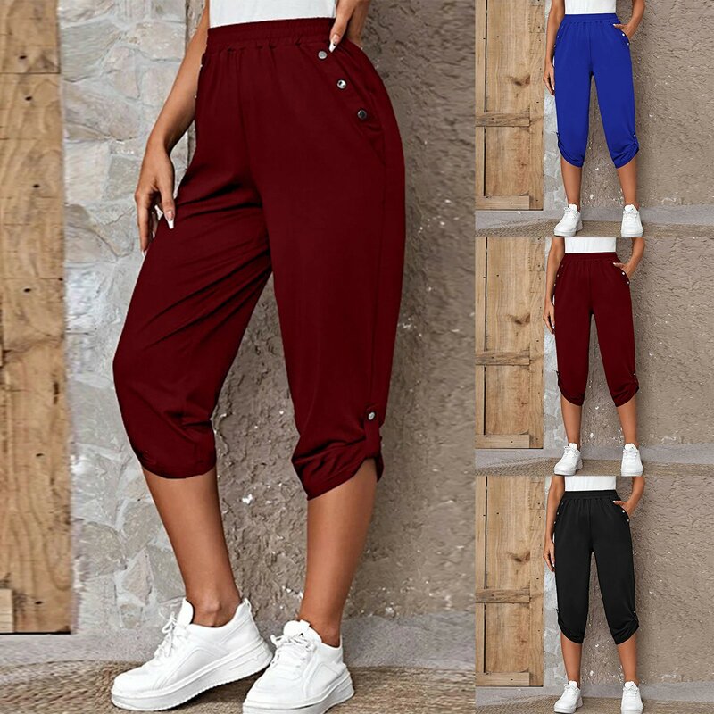 2024 wiosenne i letnie damskie casualowe spodnie siedem punktów w jednolitym kolorze spodnie z wysokim stanem luźne, wszechstronne spodnie z elastyczną gumką w pasie