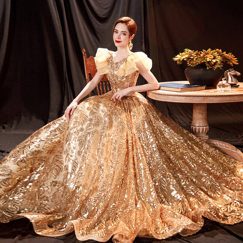 Bộ Đồ Áo Dạ Hội Cho Nữ Vàng Sáng Bóng Chữ A Voan Vintage Form Váy Dạ Hội Vũ Hội Đầm Áo Dây De Soiree