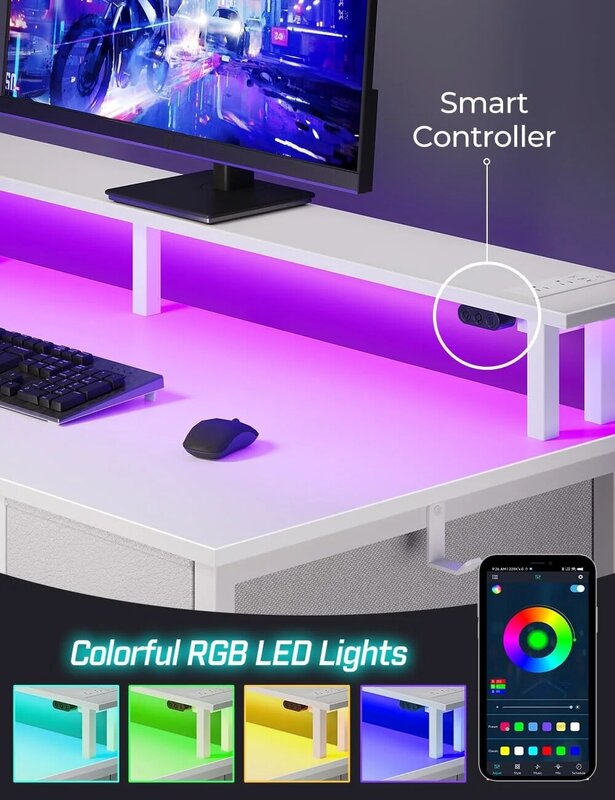 Siebzahlbarer Computer tisch mit Steckdosen und LED-Licht, 47-Zoll-Home-Office-Schreibtisch mit 5 Schubladen