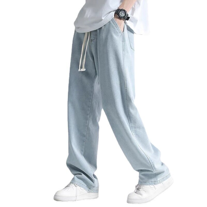 Джинсы мужские прямые с эластичным поясом, хлопковые брюки из денима, легкие мешковатые с широкими штанинами, летняя одежда