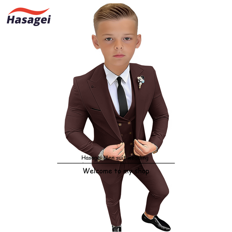 Esmoquin ajustado para niños, traje Formal de 3 piezas con solapa de pico, chaqueta, chaleco y pantalones