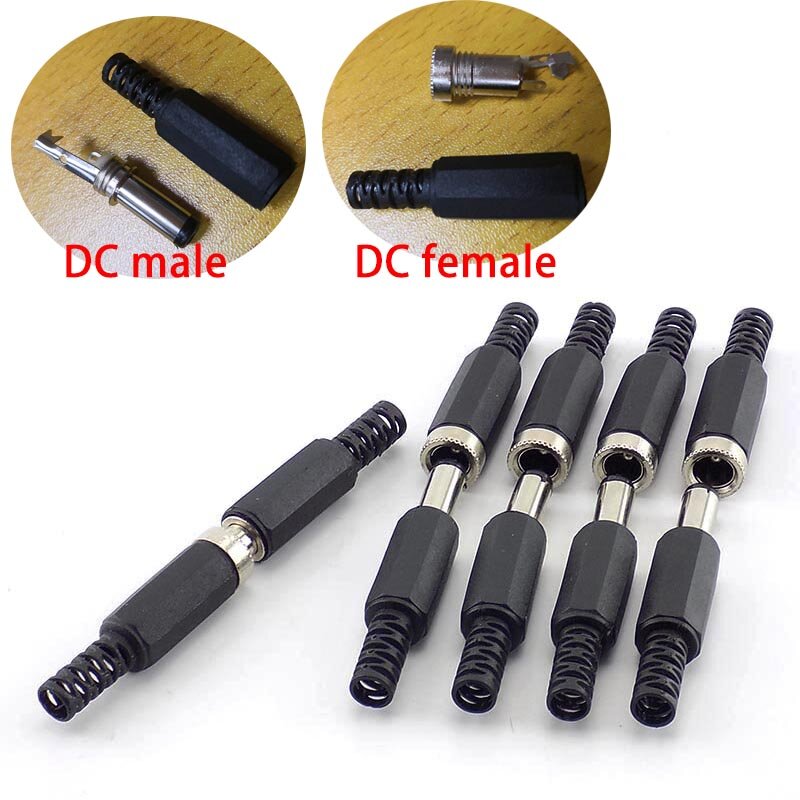 Masculino e Feminino DC Power Jack Plugs, adaptador de soquete, conectores para projetos DIY, conectores de desmontagem, 2,1 milímetros x 5,5 milímetros, 5pcs