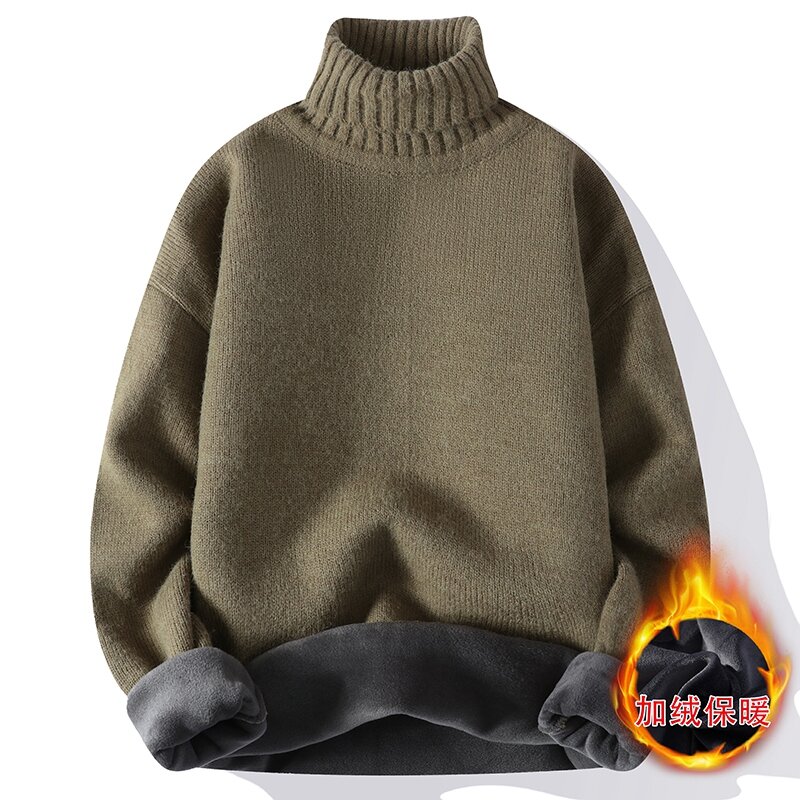Мужской пуловер с высоким воротником, однотонный вязаный свитер свободного покроя с длинными рукавами и плюшевой подкладкой, Осень-зима