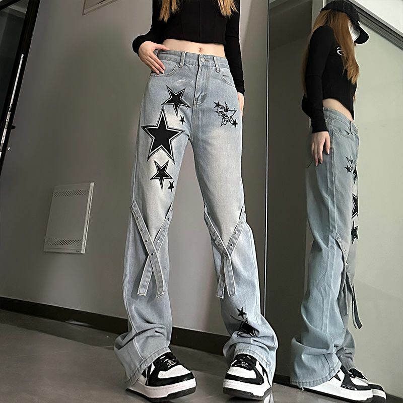 Celana Denim wanita, Jeans trendi pinggang tinggi ramping longgar kaki lebar kasual untuk perempuan