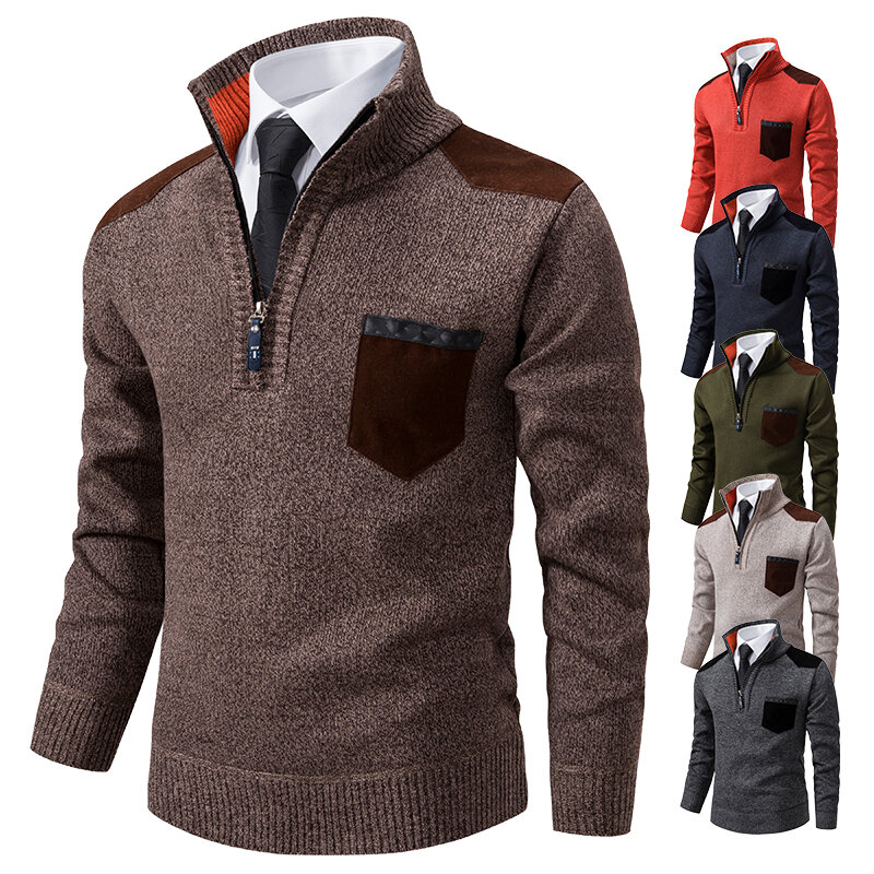 Camisola de malha masculina com meia zíper, roupa masculina grossa quente, malhas polo, pulôveres de inverno, casaco de outono Y2K, moda