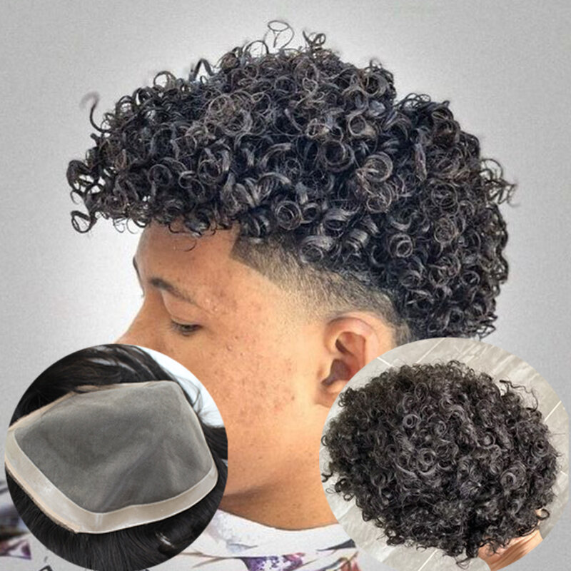 Cool Man Black 15mm Curly Men Human Hair Toupee Durable Fine Mono PU Base Man Hair Prothesis System Hairpieces Natural Look