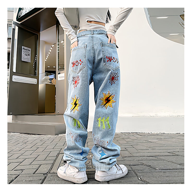 Amerikaanse Stijl Straight Jeans Dames Hiphop Stijl Streetwear Ster Geborsteld Graffiti Denim Broek Losse Nauwsluitende Broek Met Wijde Pijpen