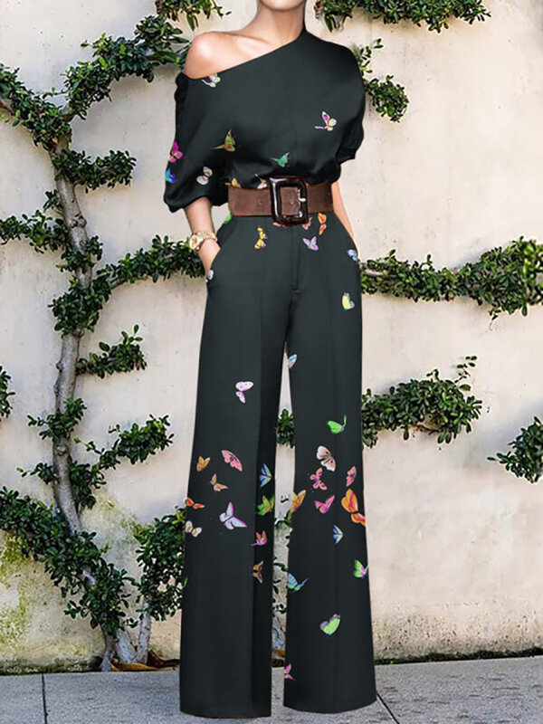 Kobiety eleganckie biuro Lady luźna szeroka spodnie nogi body ukośny kołnierz druk kwiatowy słodkie panie kombinezony moda Streetwear