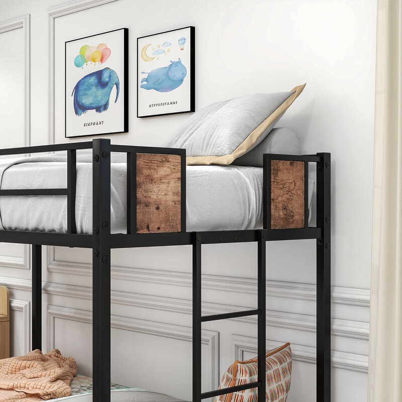 Beliche de metal com escada e corrimento completo, cama de solteiro preta, espaço de armazenamento, sem necessidade de mola