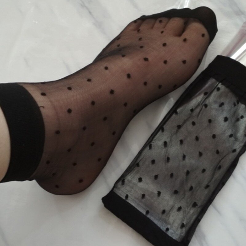 Women Breathable Socks Sexy Black Skin Dot Pattern Socks for Girls Fashion Summer Cool High Stretch Lace Short Sock