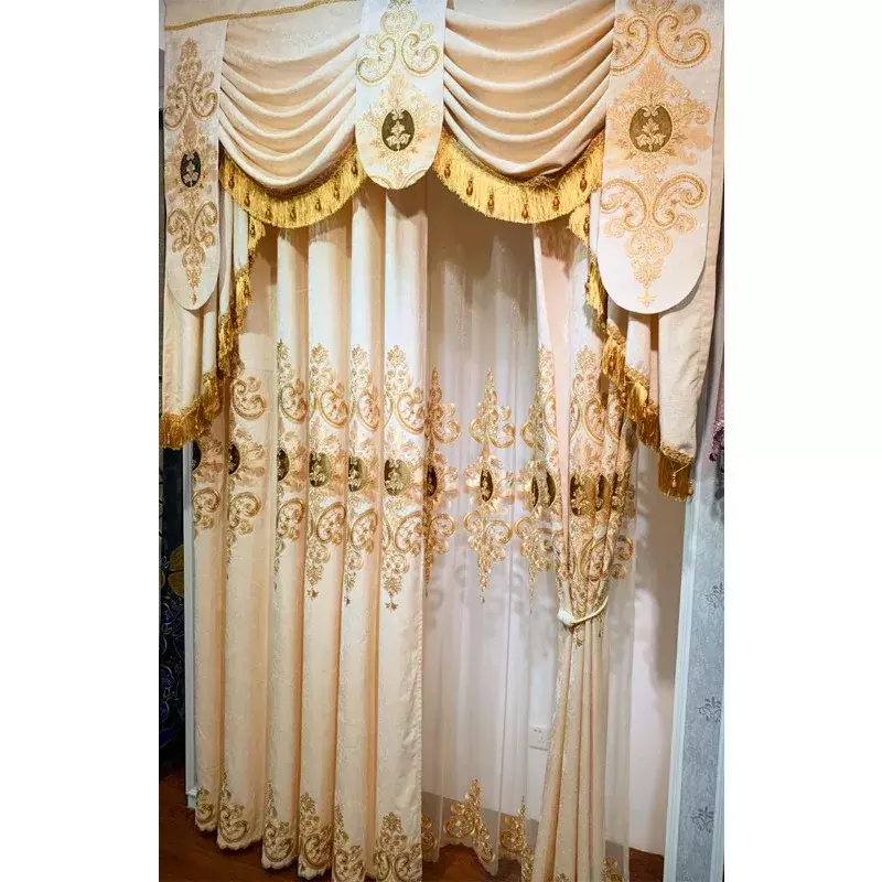 Rideaux en chenille brodés européens beiges, tulle blanc, cantonnière personnalisée, rideaux de luxe pour salon, chambre à coucher, fenêtre, salle à manger