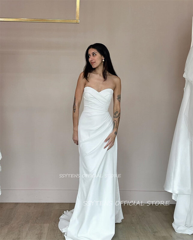Gaun pernikahan putri duyung putih sederhana gaun Prom Satin gaun pengantin seksi gaun pesta pengantin panjang seksi kustom Acara