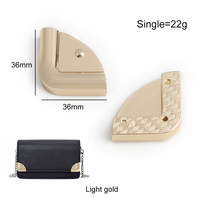Light Gold Metal Handbag Corner Protector para fazer sacos, Purse Strap Cover Clasp, Acessórios de segurança, 36x36mm, 4 Pcs, 20 Pcs, 1000Pcs