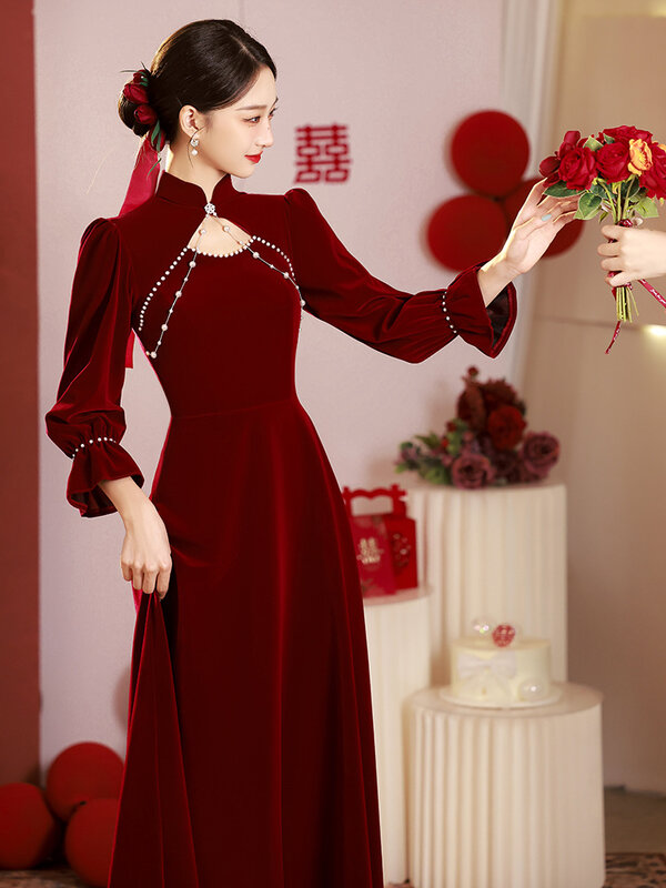 ETESANSFIN gaun pengantin tradisional, gaun pertunangan Cheongsam anggur merah baru dengan lengan panjang untuk musim gugur dan musim dingin 2024
