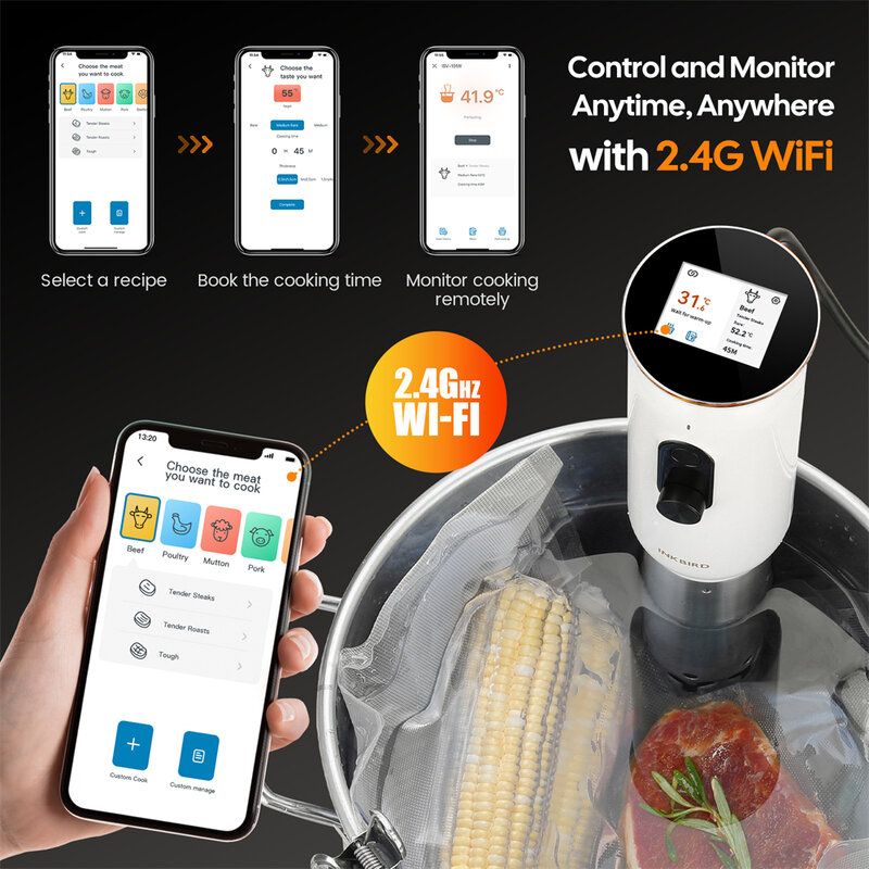 INKBIRD WiFi Sous Vide Machine ISV-101W 1000W Sous Vide Cooker 3D Water Circulation  Heating with App Preset Menus For Cooking
