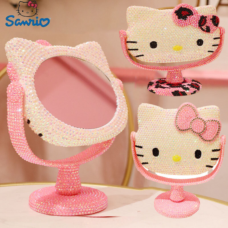 Sanrio-Espejo de tocador con tapa rosa, espejo de mano con dibujos animados brillantes KT Cat Hello Kitty, juguete con diamantes de imitación, Belleza