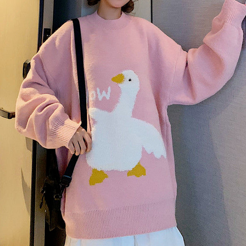 Deeptown-suéter de punto con estampado de ganso para mujer, jersey de manga larga con cuello redondo de gran tamaño, estilo coreano Kawaii, Harajuku