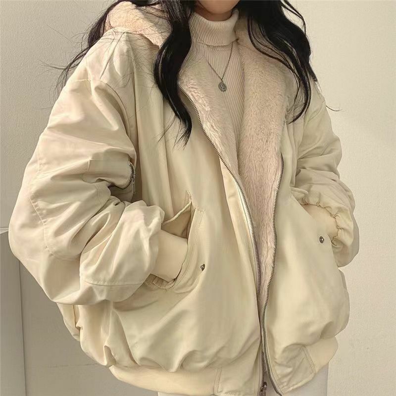 Winter Fleece Parkas Women Korean Fashion Double Sided Hooded Coat Female Oversized Casual Loose Zip Up Thicken Plush Jackets