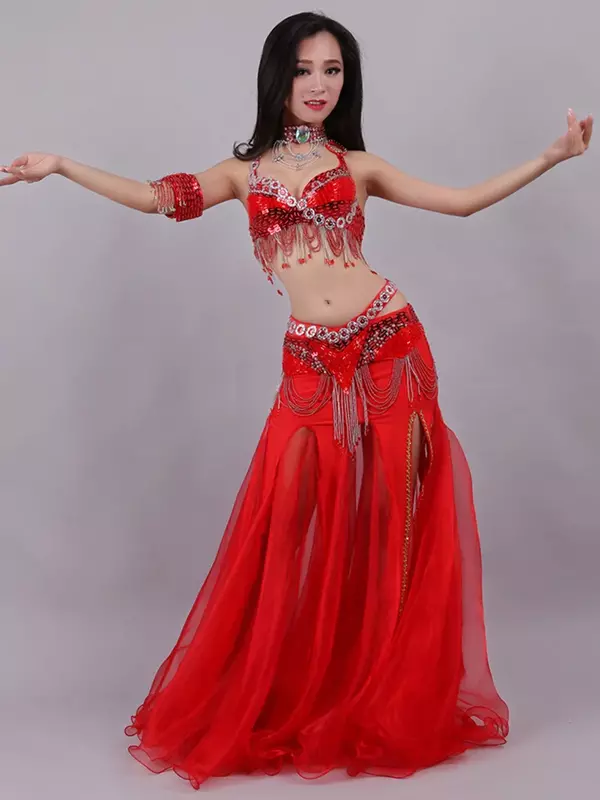 Adult Women Indian Dancewear Belly Dance Beading Sequin Diamond Embroidery Stage Performance Costume Set Female Rave Outfits